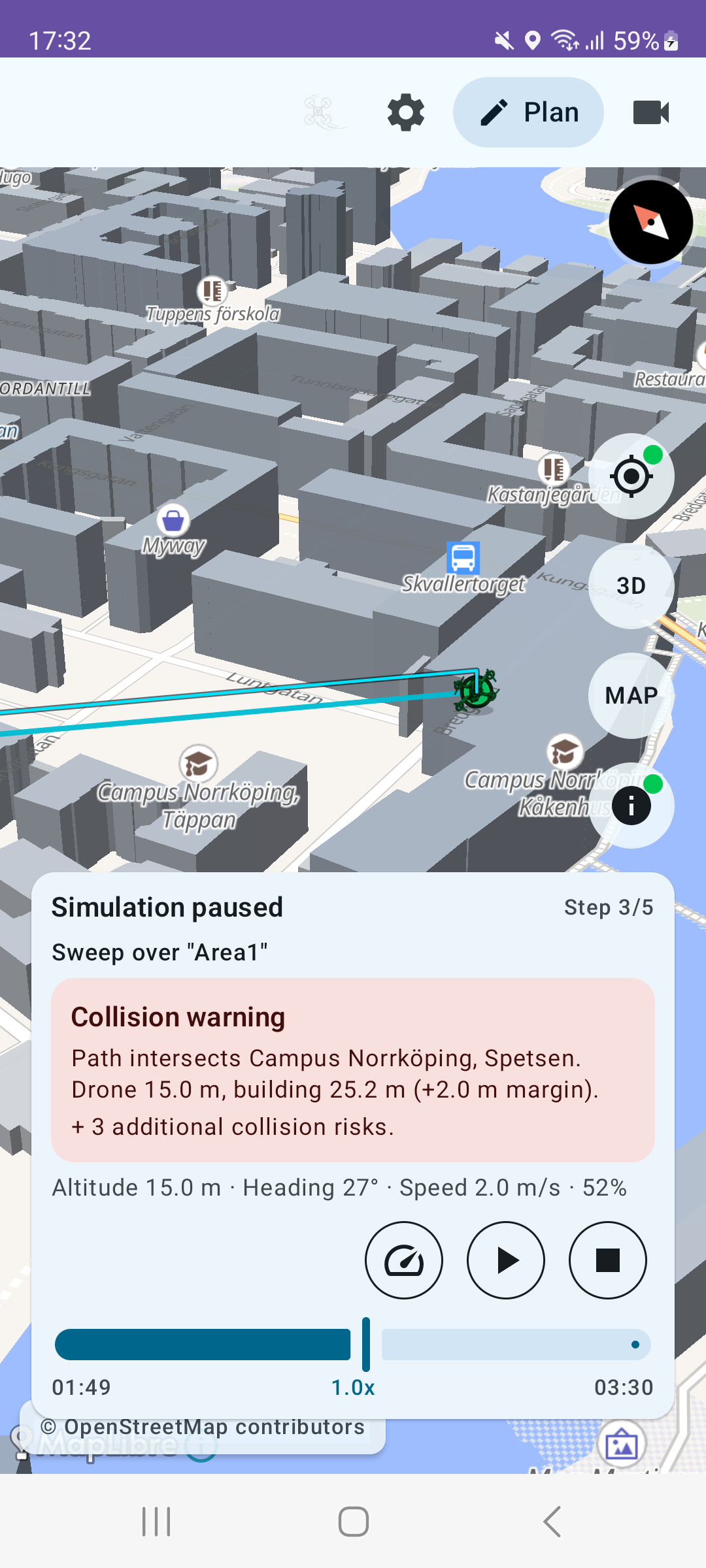 3D buildings and collision warning